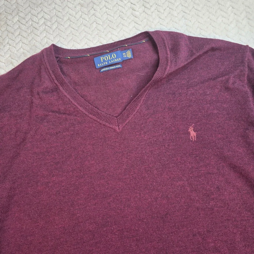 Polo Ralph Lauren XXL Burgundy Washable Merino Wool V-Neck Sweater Mens Classic‎